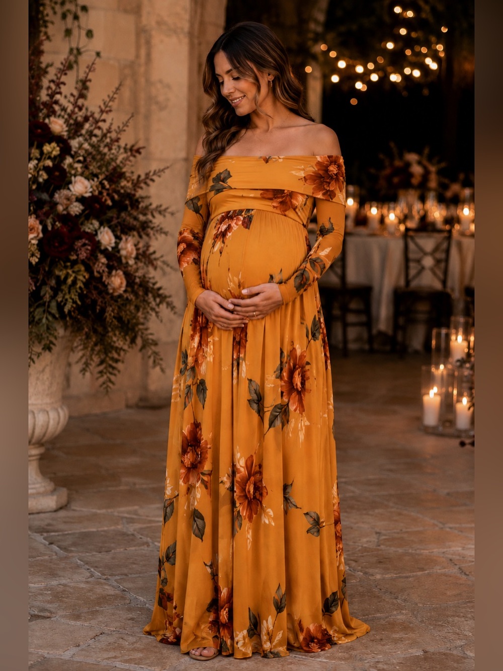 Mustard Floral Maternity Maxi Dress Small Off Shoulder Fall Baby Shower Photos
